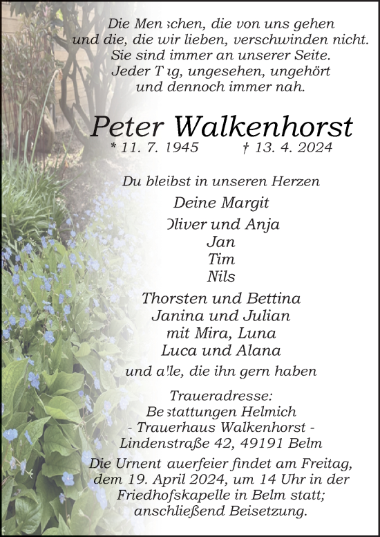 Traueranzeige von Peter Walkenhorst von Neue Osnabrücker Zeitung GmbH & Co. KG