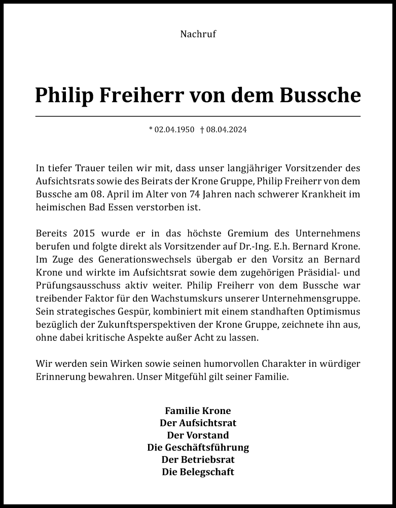  Traueranzeige für Philip Freiherr von dem Bussche vom 13.04.2024 aus Neue Osnabrücker Zeitung GmbH & Co. KG