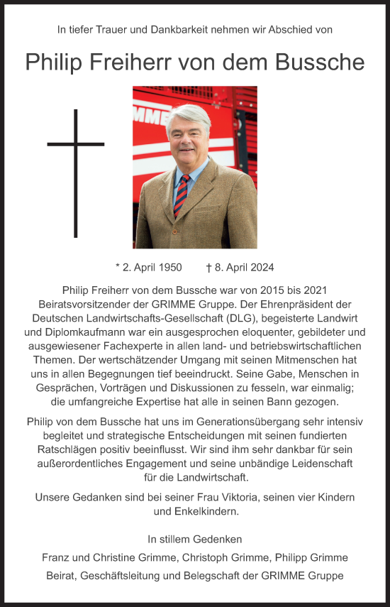 Traueranzeige von Philip Freiherr von dem Bussche von Neue Osnabrücker Zeitung GmbH & Co. KG