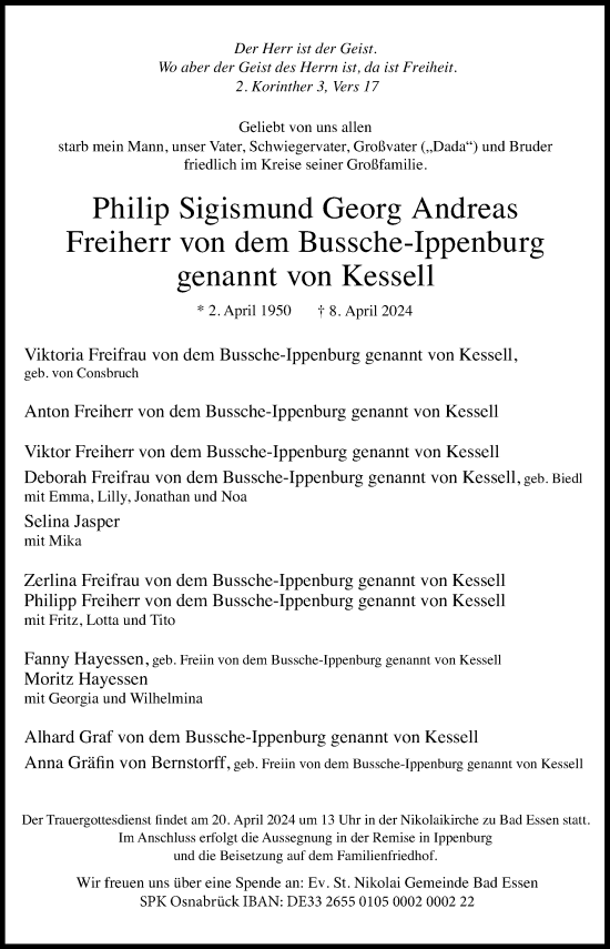 Traueranzeige von Philip Sigismund Georg Andreas Freiherr von dem Bussche-Ippenburg genannt von Kessell von Neue Osnabrücker Zeitung GmbH & Co. KG