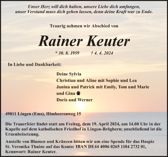 Traueranzeige von Rainer Keuter von Neue Osnabrücker Zeitung GmbH & Co. KG