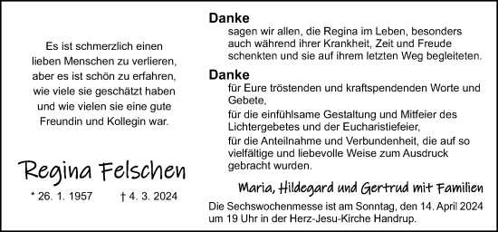 Traueranzeige von Regina Felschen von Neue Osnabrücker Zeitung GmbH & Co. KG