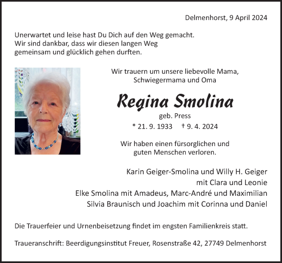 Traueranzeige von Regina Smolina von DK Medien GmbH & Co. KG