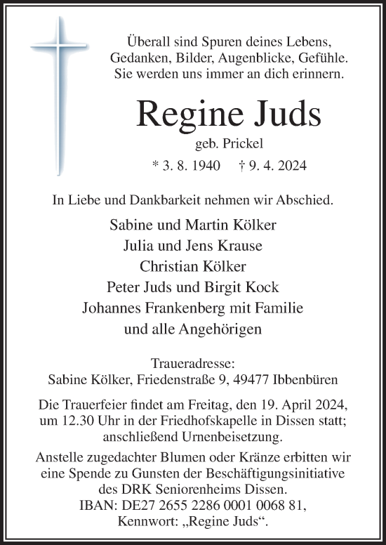 Traueranzeige von Regine Juds von Neue Osnabrücker Zeitung GmbH & Co. KG