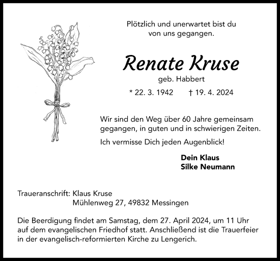 Traueranzeige von Renate Kruse von Neue Osnabrücker Zeitung GmbH & Co. KG