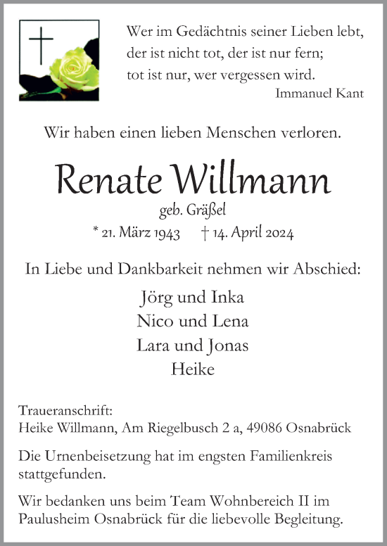 Traueranzeige von Renate Willmann von Neue Osnabrücker Zeitung GmbH & Co. KG