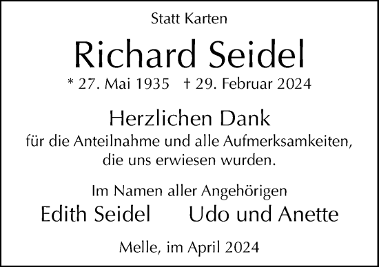 Traueranzeige von Richard Seidel von Neue Osnabrücker Zeitung GmbH & Co. KG