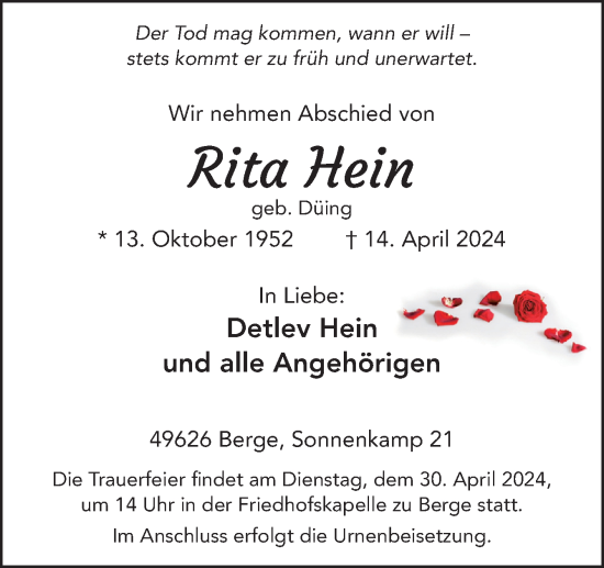 Traueranzeige von Rita Hein von Neue Osnabrücker Zeitung GmbH & Co. KG