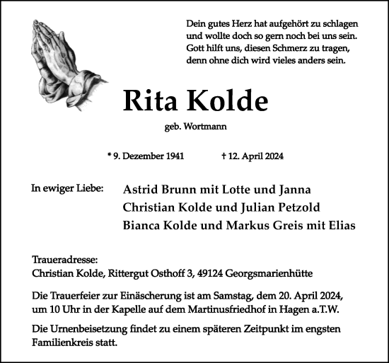 Traueranzeige von Rita Kolde von Neue Osnabrücker Zeitung GmbH & Co. KG