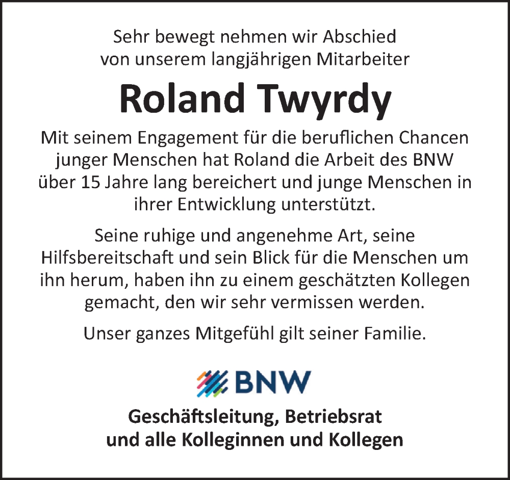  Traueranzeige für Roland Twyrdy vom 27.04.2024 aus Neue Osnabrücker Zeitung GmbH & Co. KG