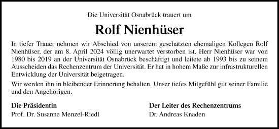 Traueranzeige von Rolf Nienhüser von Neue Osnabrücker Zeitung GmbH & Co. KG