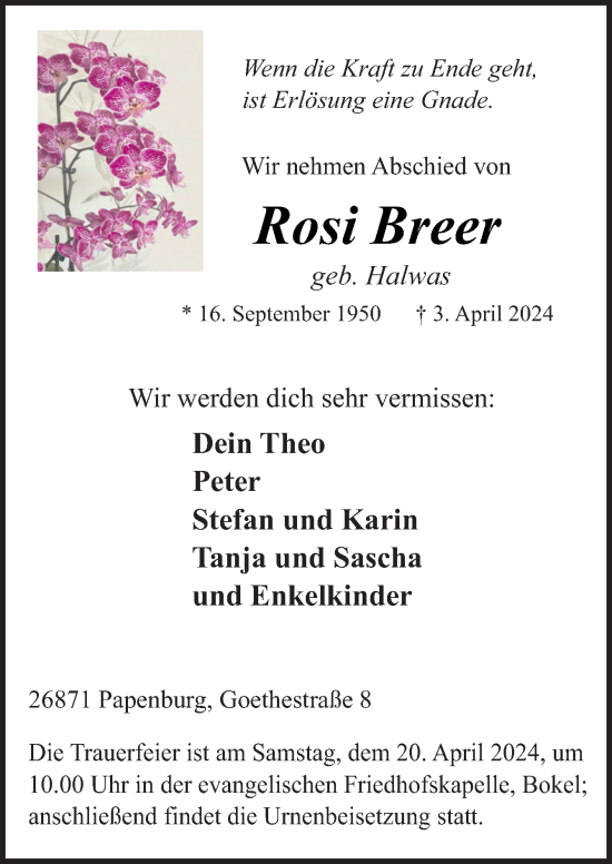 Traueranzeige von Rosi Breer von Neue Osnabrücker Zeitung GmbH & Co. KG