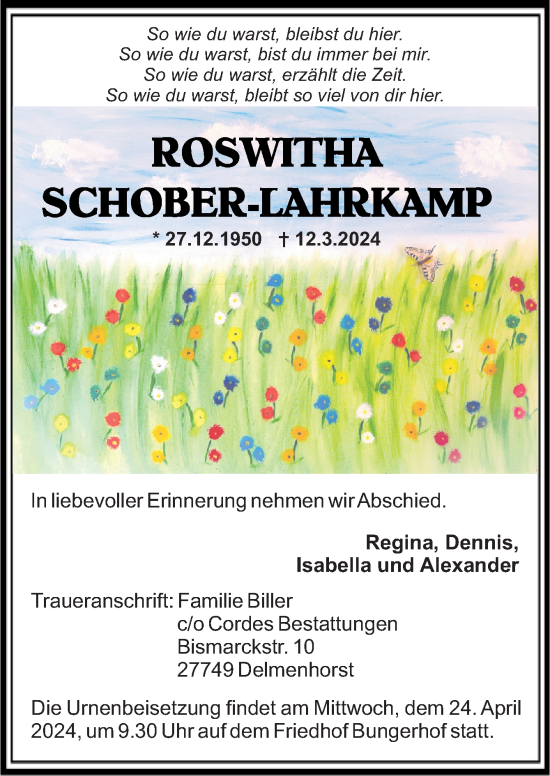 Traueranzeige von Roswitha Schober-Lahrkamp von DK Medien GmbH & Co. KG