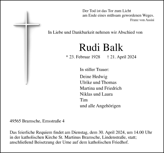 Traueranzeige von Rudi Balk von Neue Osnabrücker Zeitung GmbH & Co. KG