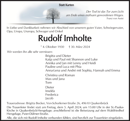 Traueranzeige von Rudolf Imholte von Neue Osnabrücker Zeitung GmbH & Co. KG