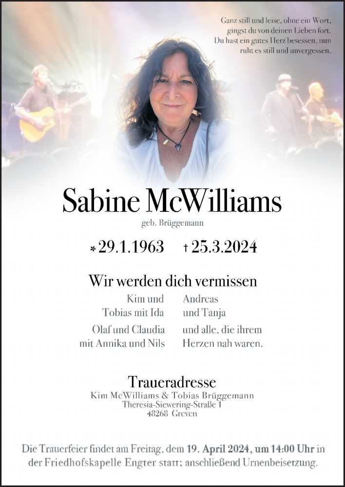  Traueranzeige für Sabine McWilliams vom 13.04.2024 aus Neue Osnabrücker Zeitung GmbH & Co. KG