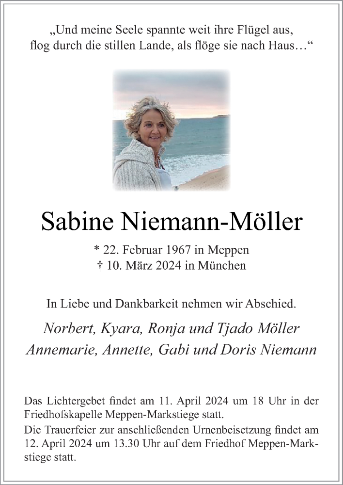  Traueranzeige für Sabine Niemann-Möller vom 06.04.2024 aus Neue Osnabrücker Zeitung GmbH & Co. KG