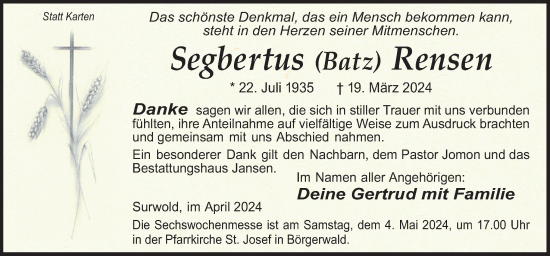 Traueranzeige von Segbertus Rensen von Neue Osnabrücker Zeitung GmbH & Co. KG