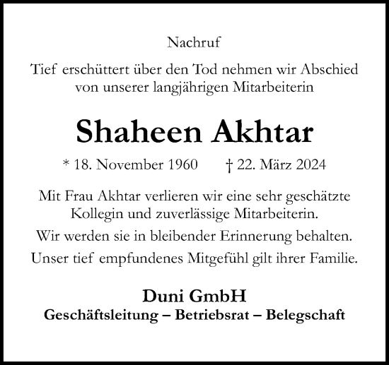 Traueranzeige von Shaheen Akhtar von Neue Osnabrücker Zeitung GmbH & Co. KG