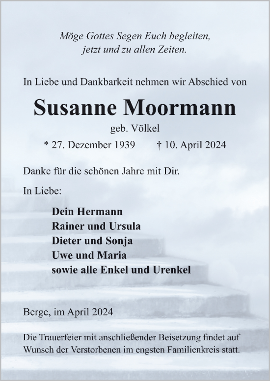 Traueranzeige von Susanne Moormann von Neue Osnabrücker Zeitung GmbH & Co. KG