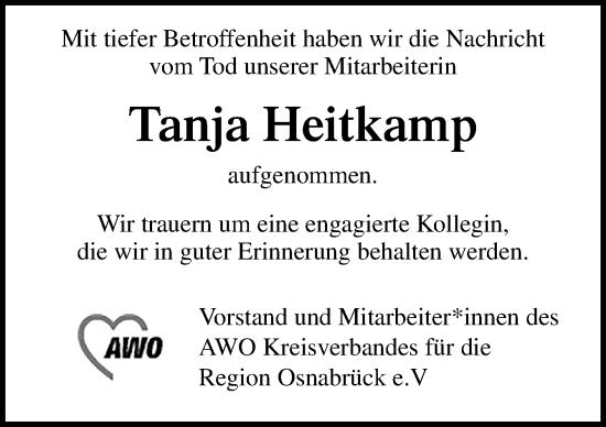 Traueranzeige von Tanja Heitkamp von Neue Osnabrücker Zeitung GmbH & Co. KG