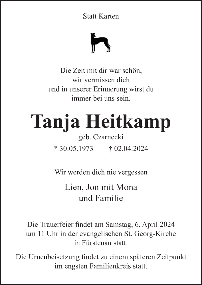  Traueranzeige für Tanja Heitkamp vom 04.04.2024 aus Neue Osnabrücker Zeitung GmbH & Co. KG