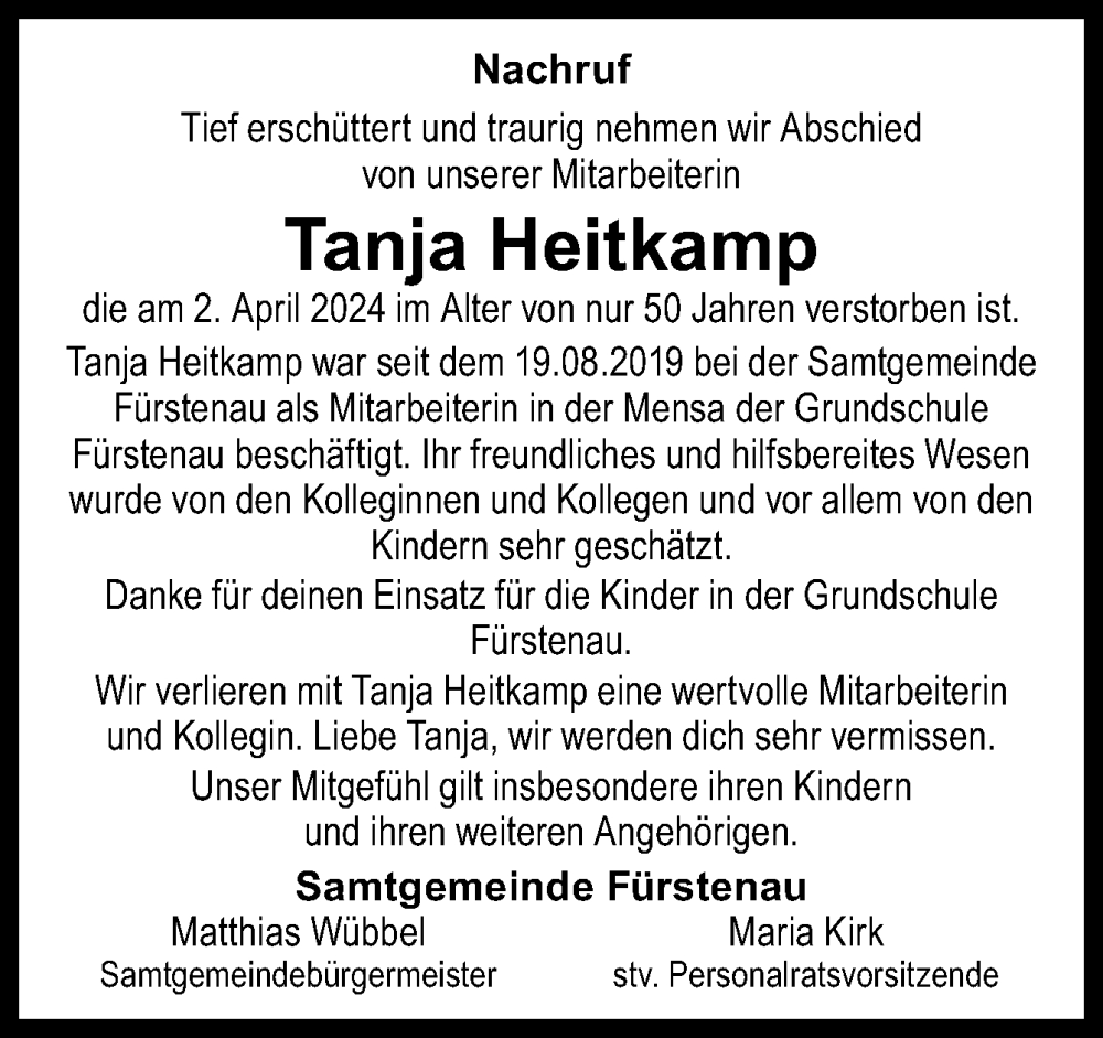  Traueranzeige für Tanja Heitkamp vom 06.04.2024 aus Neue Osnabrücker Zeitung GmbH & Co. KG
