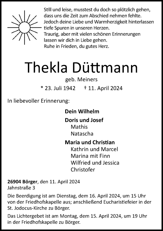 Traueranzeige von Thekla Düttmann von Neue Osnabrücker Zeitung GmbH & Co. KG