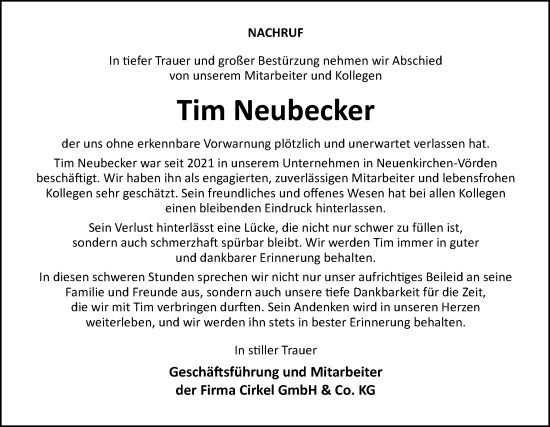 Traueranzeige von Tim Neubecker von Neue Osnabrücker Zeitung GmbH & Co. KG