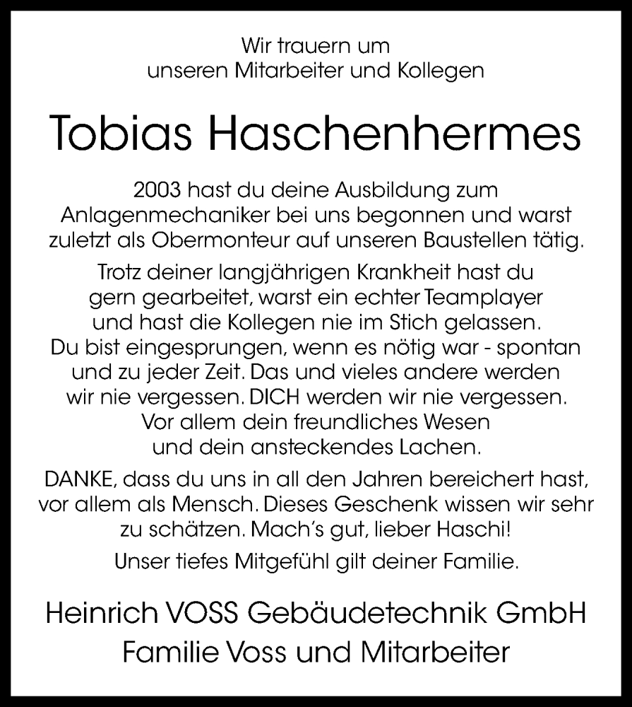  Traueranzeige für Tobias Haschenhermes vom 08.04.2024 aus Neue Osnabrücker Zeitung GmbH & Co. KG