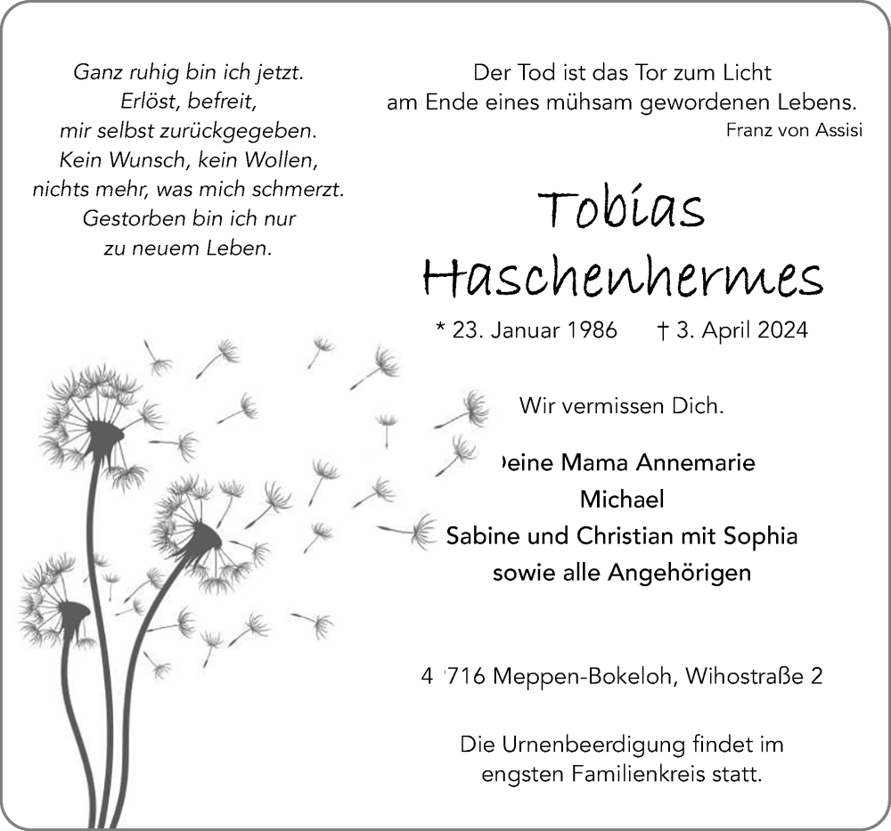  Traueranzeige für Tobias Haschenhermes vom 06.04.2024 aus Neue Osnabrücker Zeitung GmbH & Co. KG