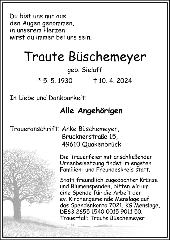 Traueranzeige von Traute Büschemeyer von Neue Osnabrücker Zeitung GmbH & Co. KG