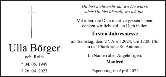 Traueranzeige von Ulla Börger von Neue Osnabrücker Zeitung GmbH & Co. KG