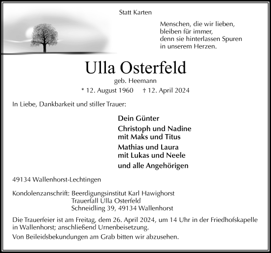 Traueranzeige von Ulla Osterfeld von Neue Osnabrücker Zeitung GmbH & Co. KG