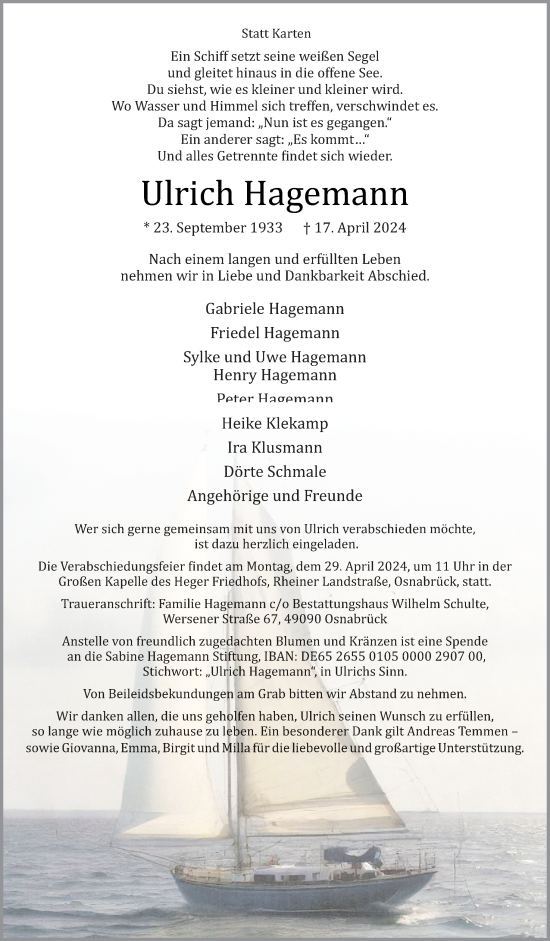 Traueranzeige von Ulrich Hagemann von Neue Osnabrücker Zeitung GmbH & Co. KG