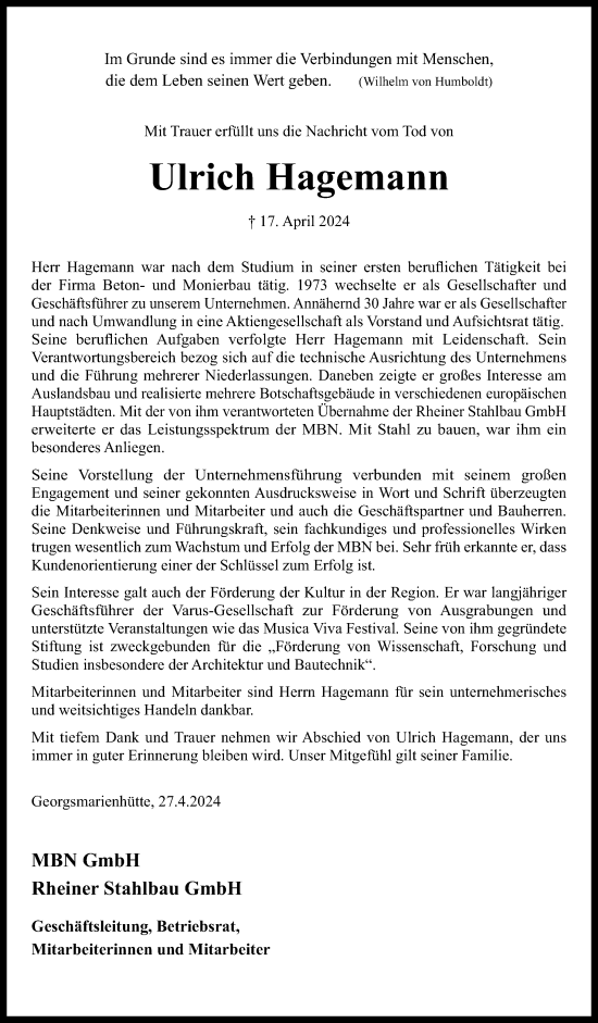 Traueranzeige von Ulrich Hagemann von Neue Osnabrücker Zeitung GmbH & Co. KG