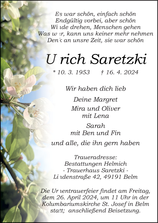 Traueranzeige von Ulrich Saretzki von Neue Osnabrücker Zeitung GmbH & Co. KG