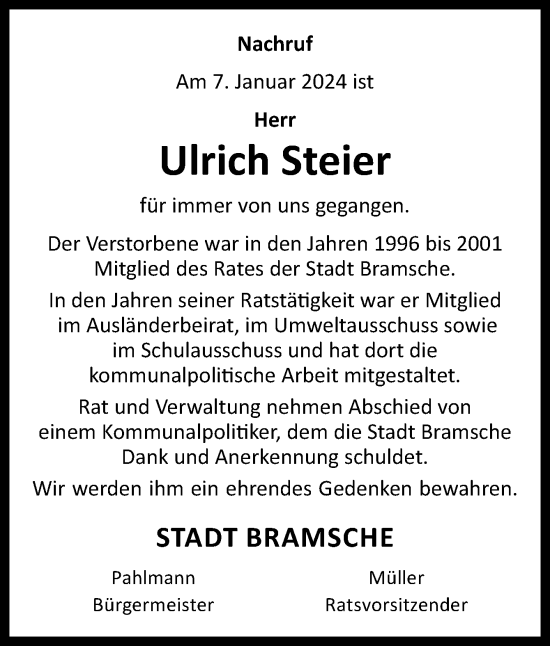 Traueranzeige von Ulrich Steier von Neue Osnabrücker Zeitung GmbH & Co. KG
