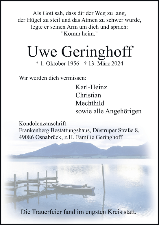 Traueranzeige von Uwe Geringhoff von Neue Osnabrücker Zeitung GmbH & Co. KG