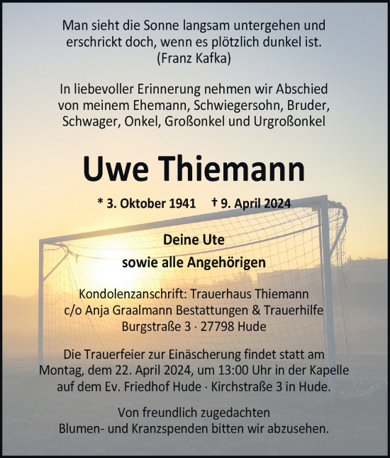 Traueranzeige von Uwe Thiemann von DK Medien GmbH & Co. KG