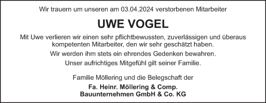 Traueranzeige von Uwe Vogel von Neue Osnabrücker Zeitung GmbH & Co. KG