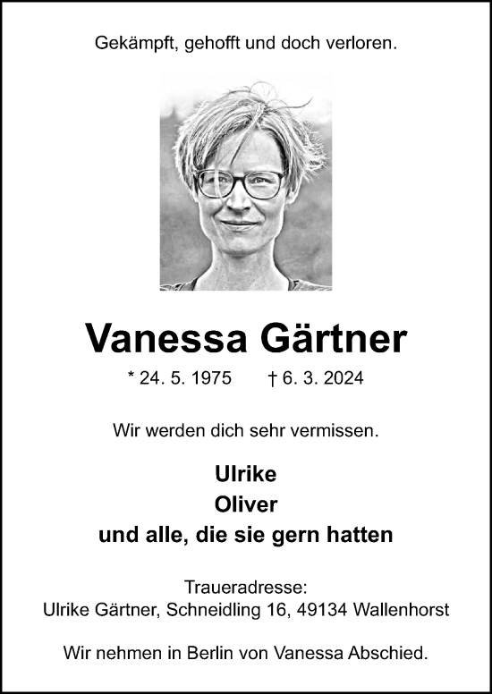 Traueranzeige von Vanessa Gärtner von Neue Osnabrücker Zeitung GmbH & Co. KG