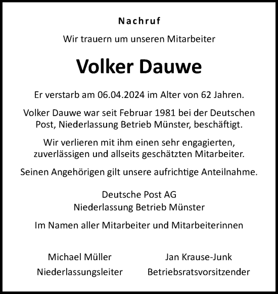 Traueranzeige von Volker Dauwe von Neue Osnabrücker Zeitung GmbH & Co. KG