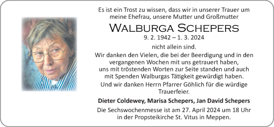 Traueranzeige von Walburga Schepers von Neue Osnabrücker Zeitung GmbH & Co. KG