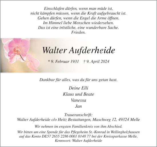 Traueranzeige von Walter Aufderheide von Neue Osnabrücker Zeitung GmbH & Co. KG