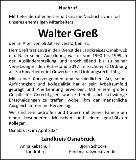 Traueranzeigen von Walter Greß | noz Trauerportal