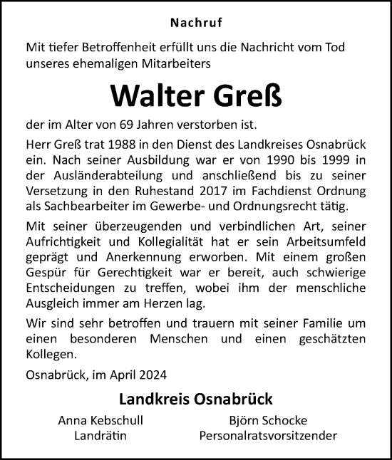 Traueranzeige von Walter Greß von Neue Osnabrücker Zeitung GmbH & Co. KG