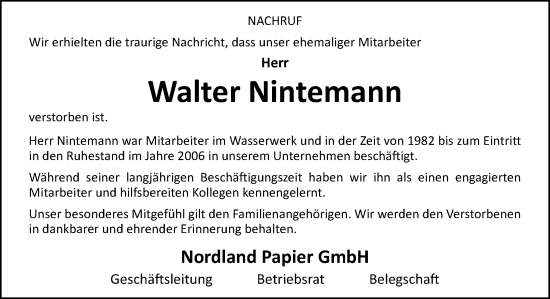 Traueranzeige von Walter Nintemann von Neue Osnabrücker Zeitung GmbH & Co. KG