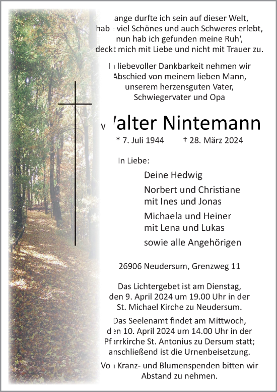 Traueranzeige von Walter Nintemann von Neue Osnabrücker Zeitung GmbH & Co. KG