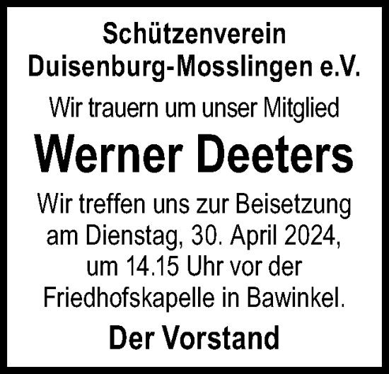 Traueranzeige von Werner Deeters von Neue Osnabrücker Zeitung GmbH & Co. KG